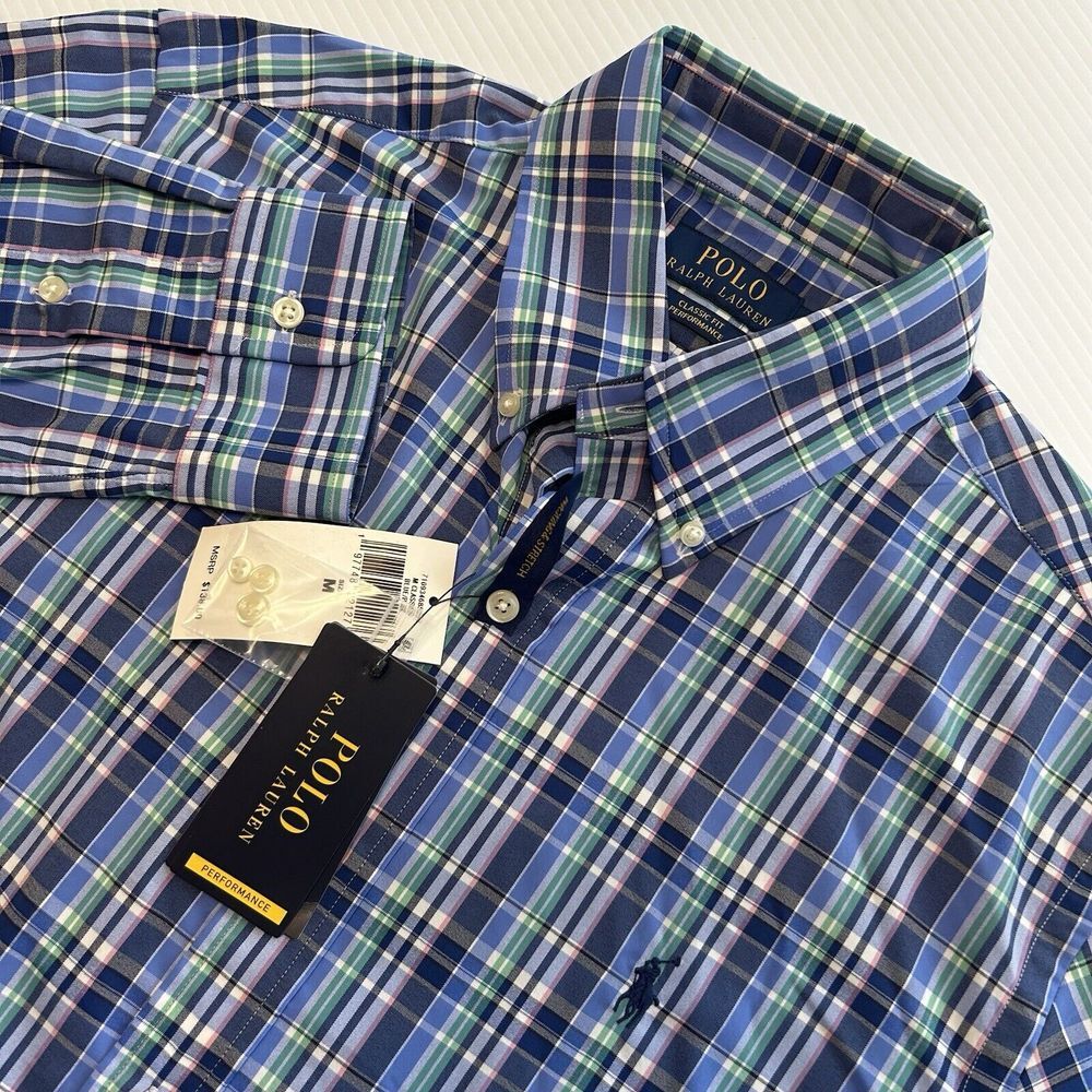 Polo Ralph Lauren Classic Fit Performance Long Sleeve Blue Plaid Mens M NWT $138